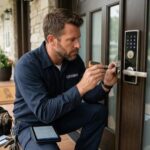 Locksmith rekeying a residential door lock to improve home security in Racine, WI